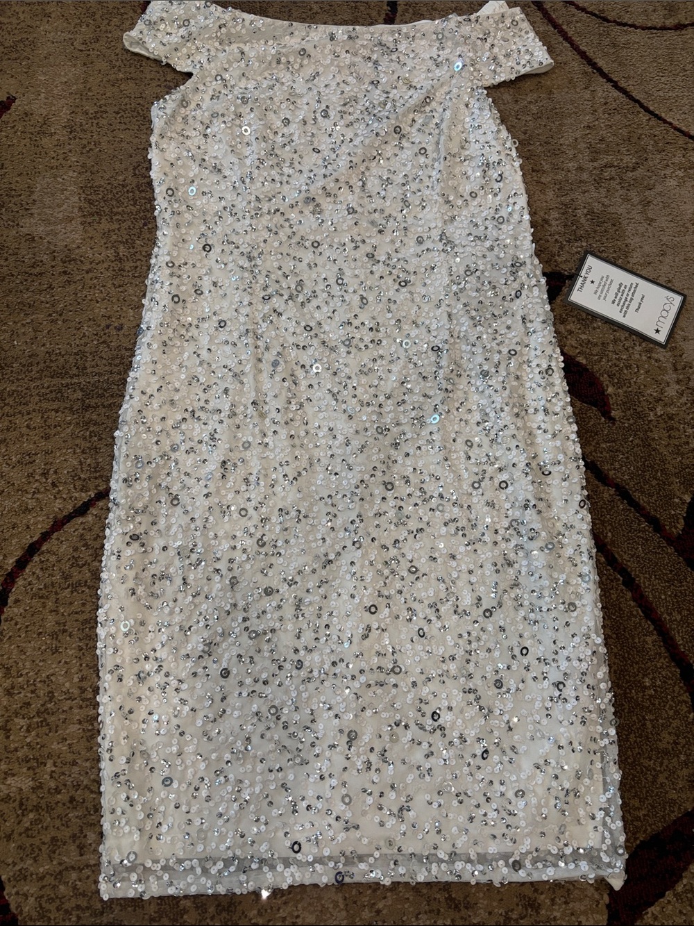 Adrianna Papell White Sequin Off-Shoulder Dress